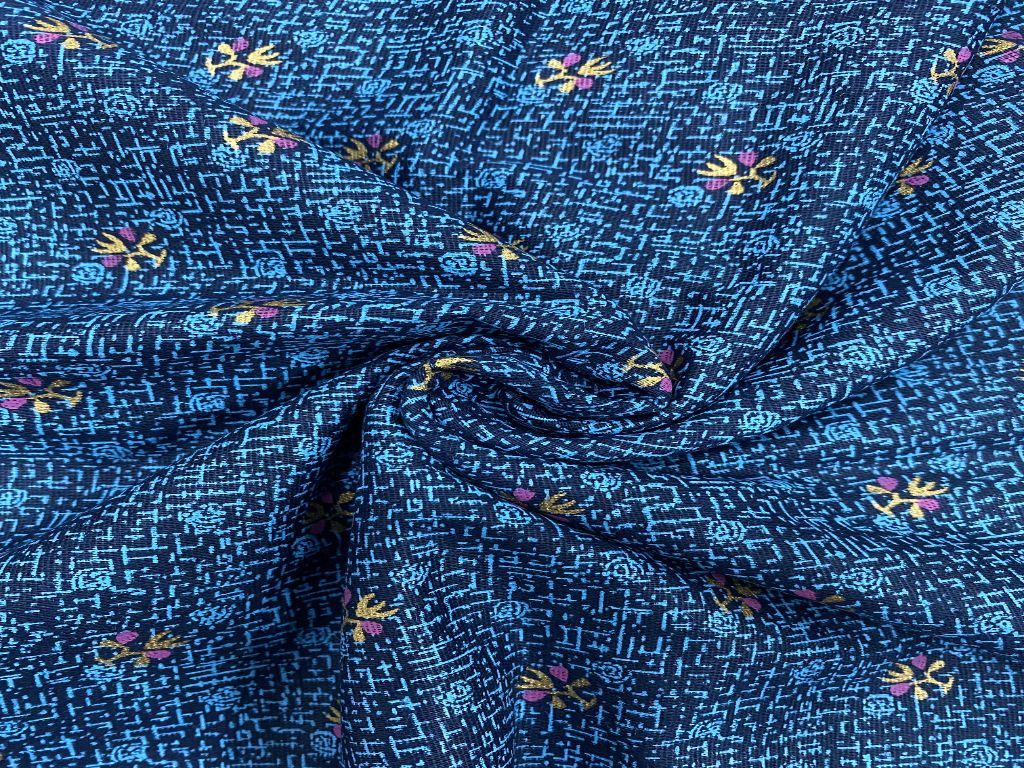 Blue Floral Motifs Printed Pure Cotton Fabric