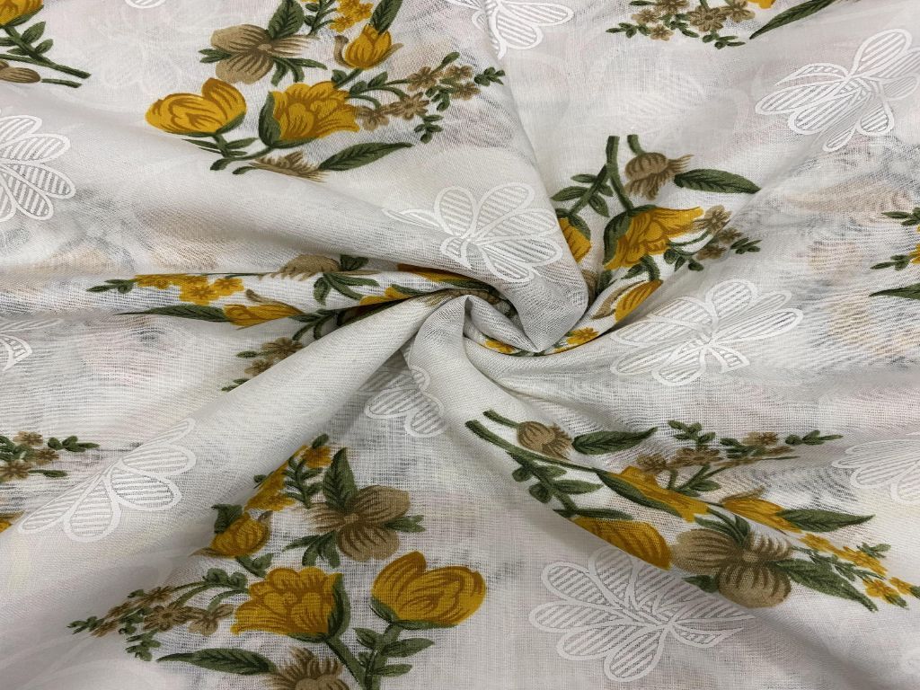 White Yellow Brown Flowers Printed Pure Cotton Fabric