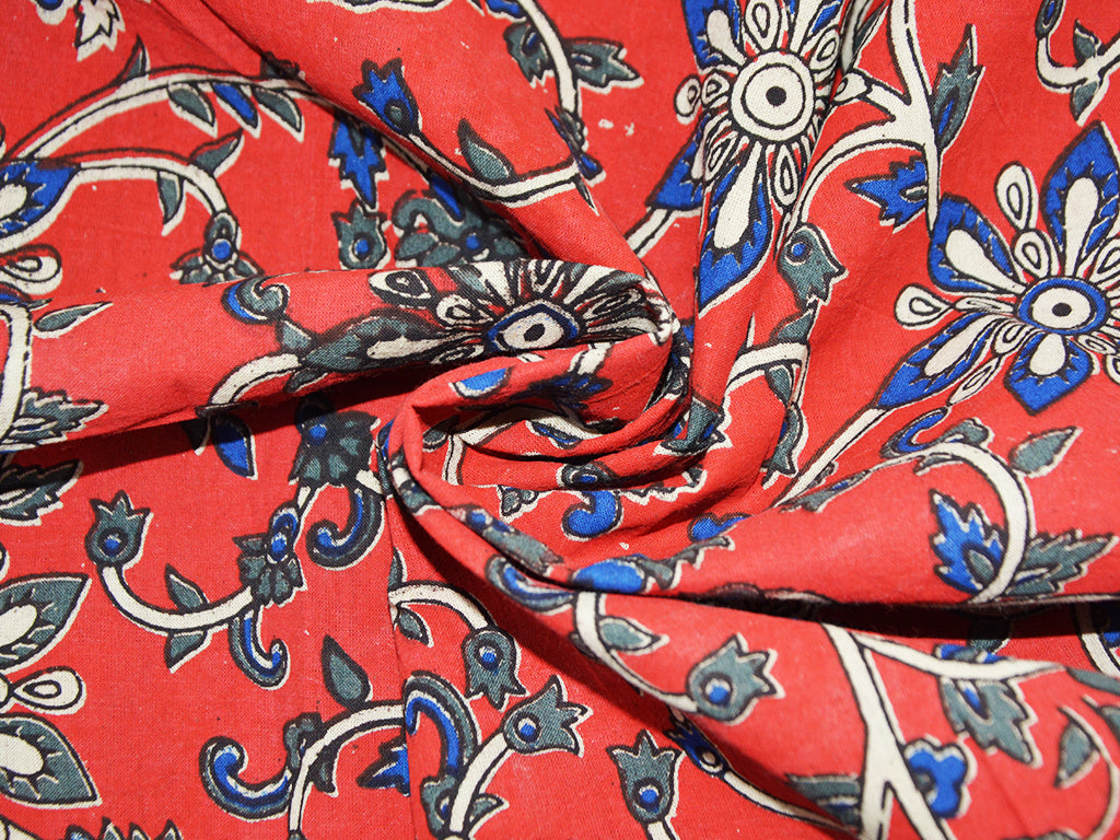 Red Floral Pure Cotton Kalamkari Fabric