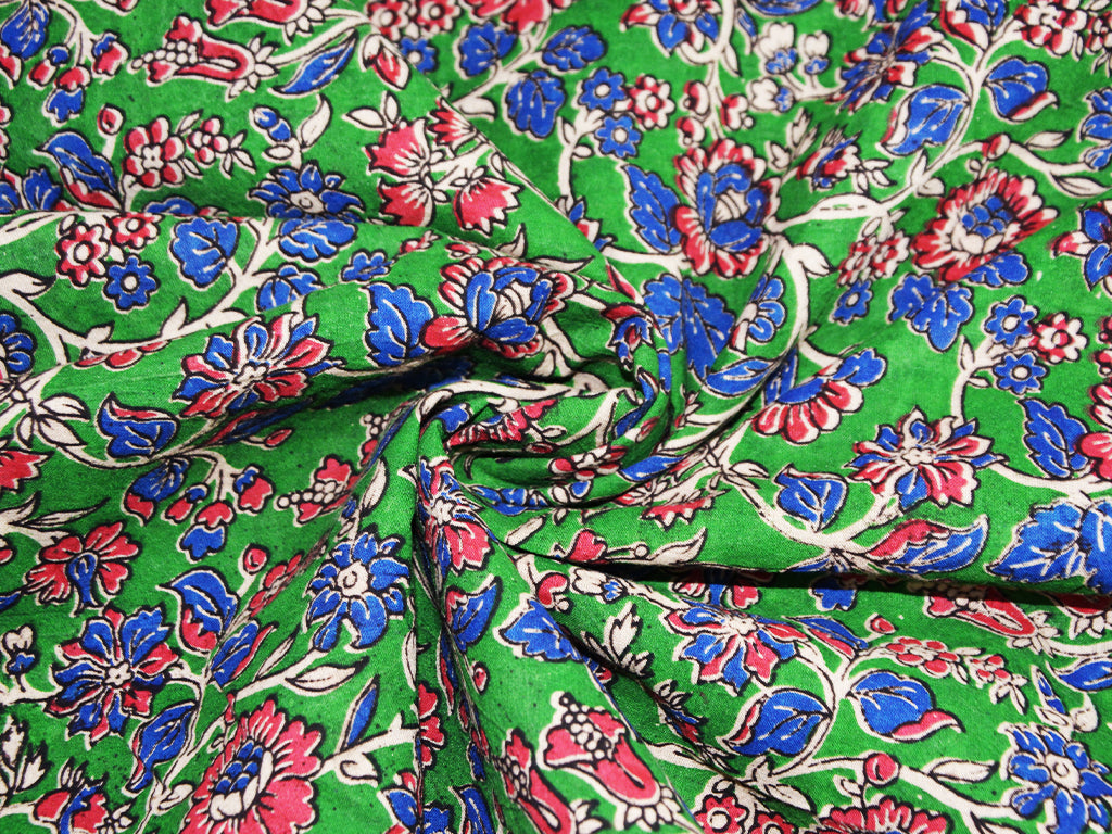 Green Floral Pure Cotton Kalamkari Fabric