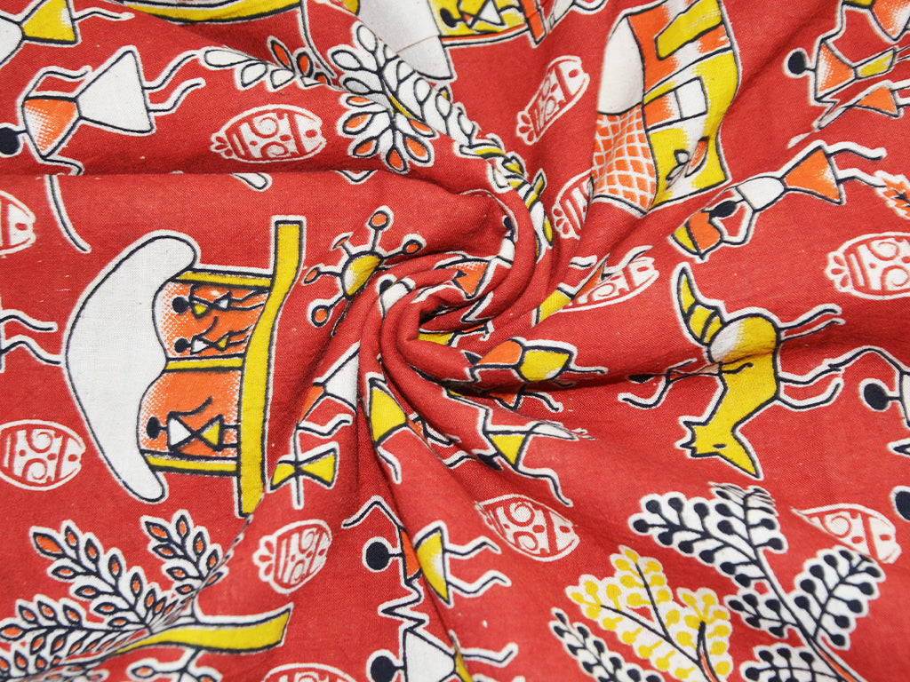 Precut of Red Abstract Pure Cotton Kalamkari Fabric