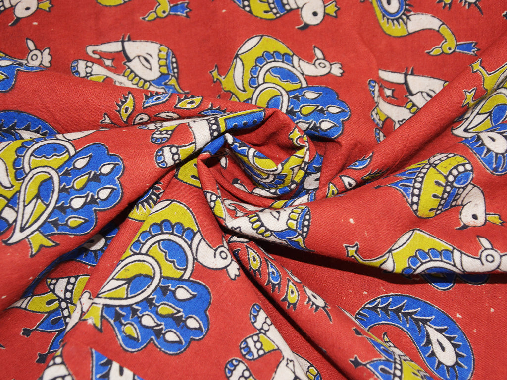 Precut of 1.5 Meter Red Traditional Pure Cotton Kalamkari Fabric