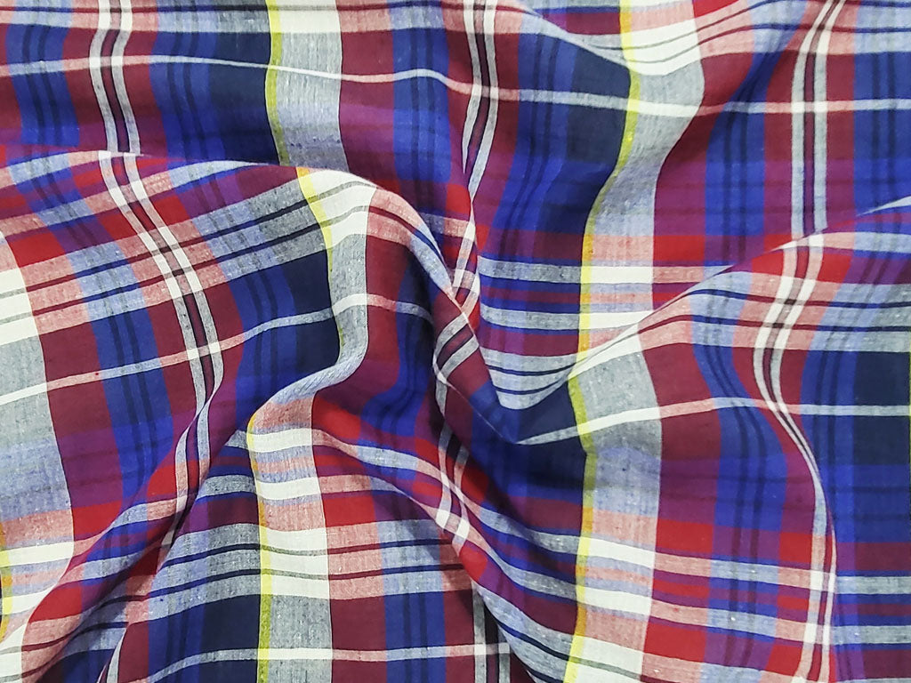 Handwoven Fine Khadi Cotton Multicolour Red Blue Checks Fabric