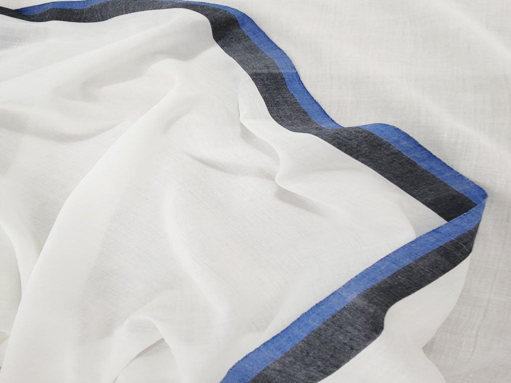 Handwoven Fine White Cotton Khadi with Black Blue Border Fabric