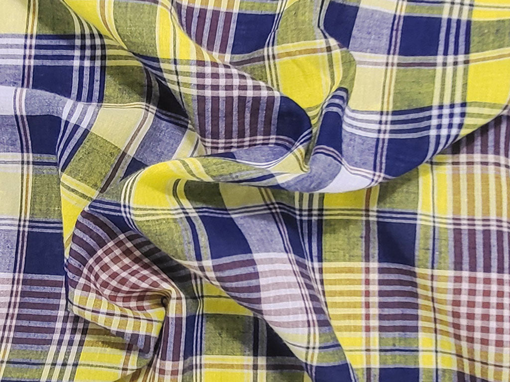 Handwoven Cotton Khadi Yarn Dyed Yellow Blue Checks Fabric