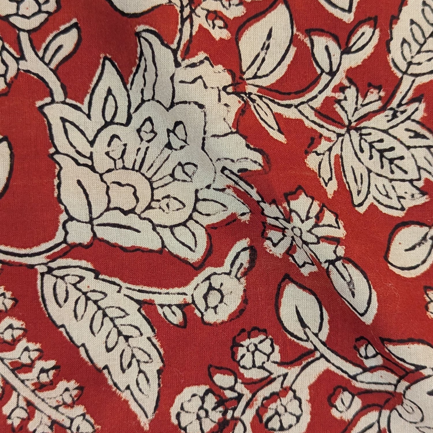 Precut Red, Cream & Black Floral Block Print Cotton Fabric