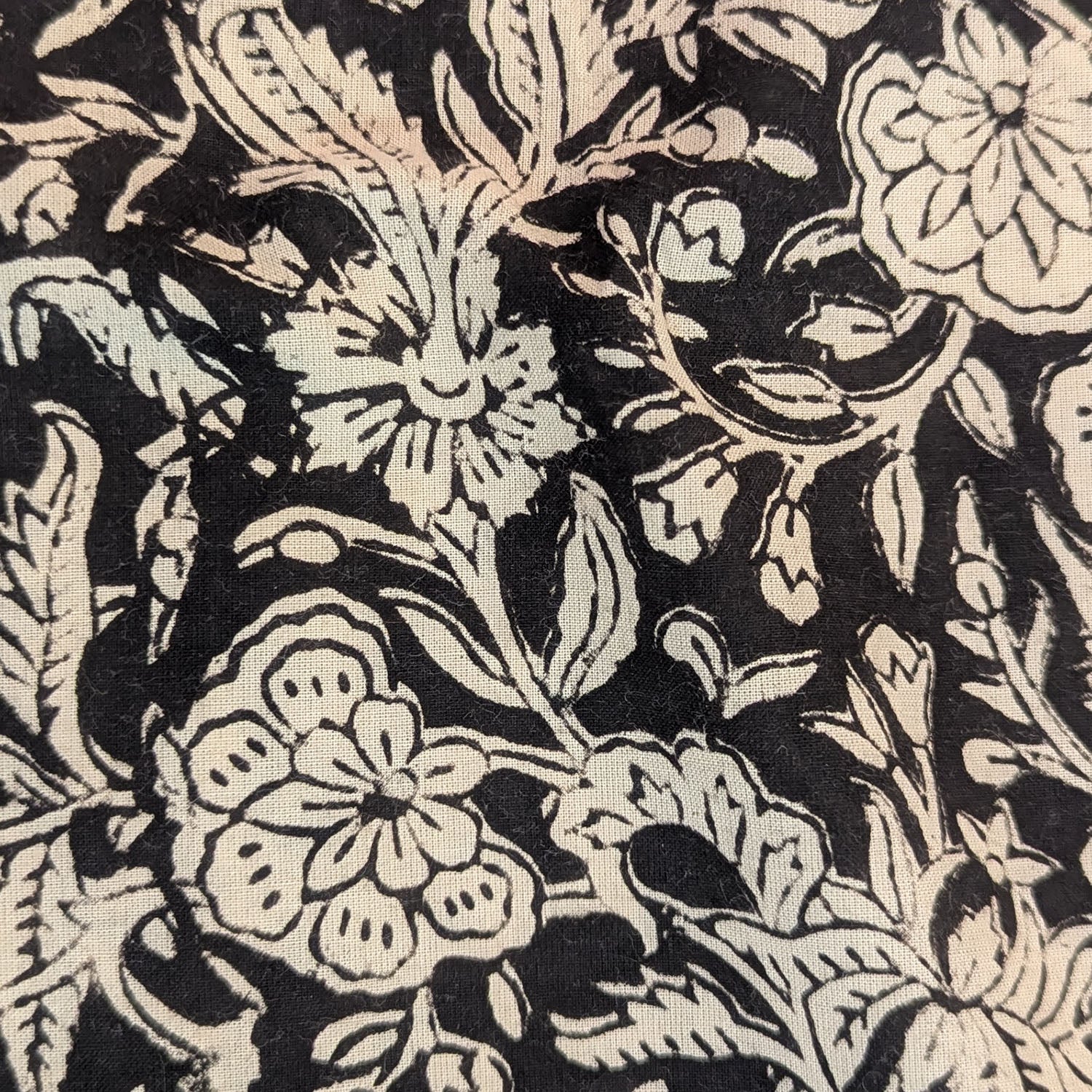 Precut Cotton Block Print Fabric – Black & Cream Floral Ethnic Design