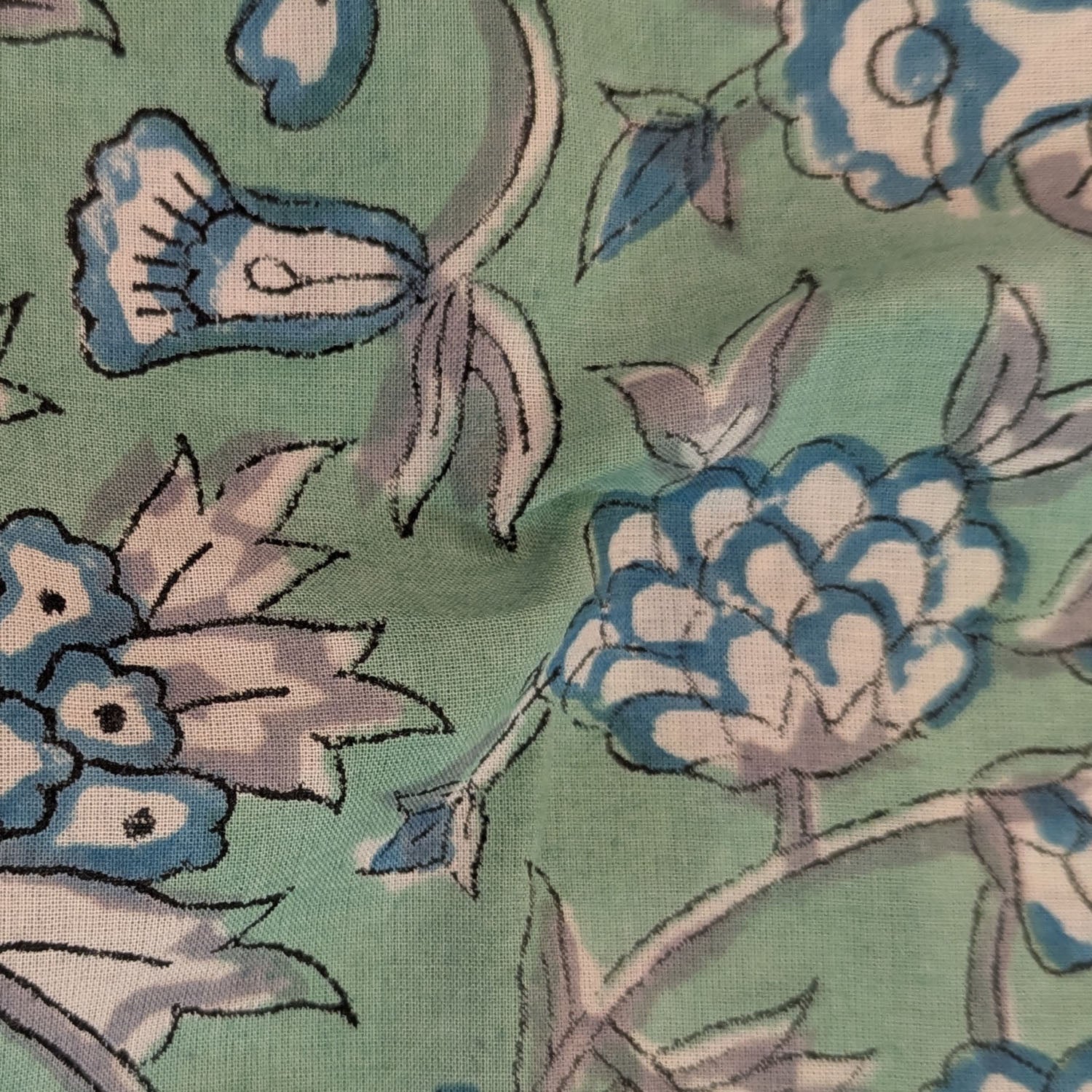 Precut White Floral Design Cotton Block Print Fabric