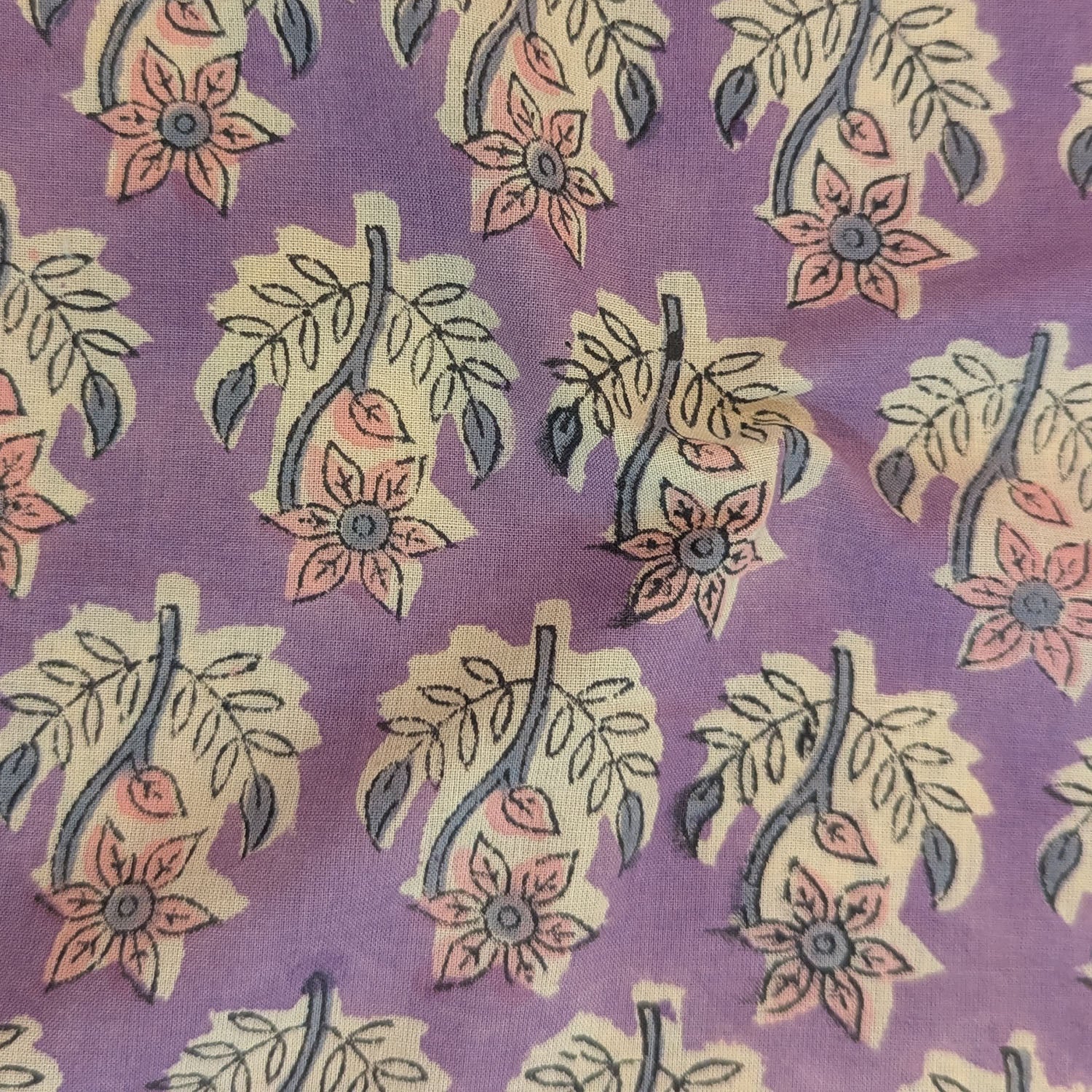 Precut Floral Motifs Cotton Block Print Fabric