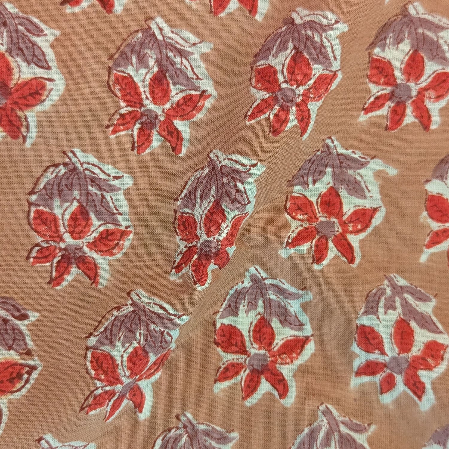 Precut Rust Red Floral Hand Block Printed Cotton Fabric