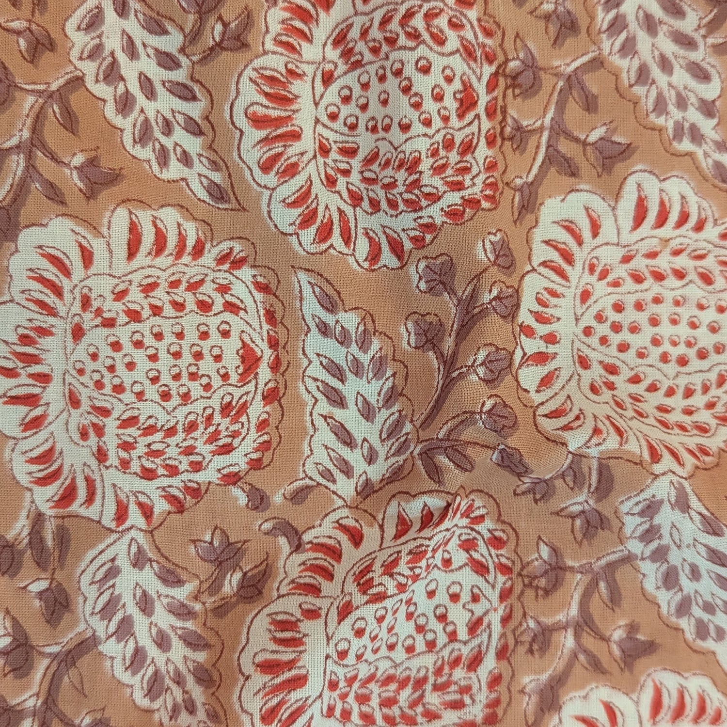 Precut Beige Rust Floral Hand Block Printed Cotton Fabric