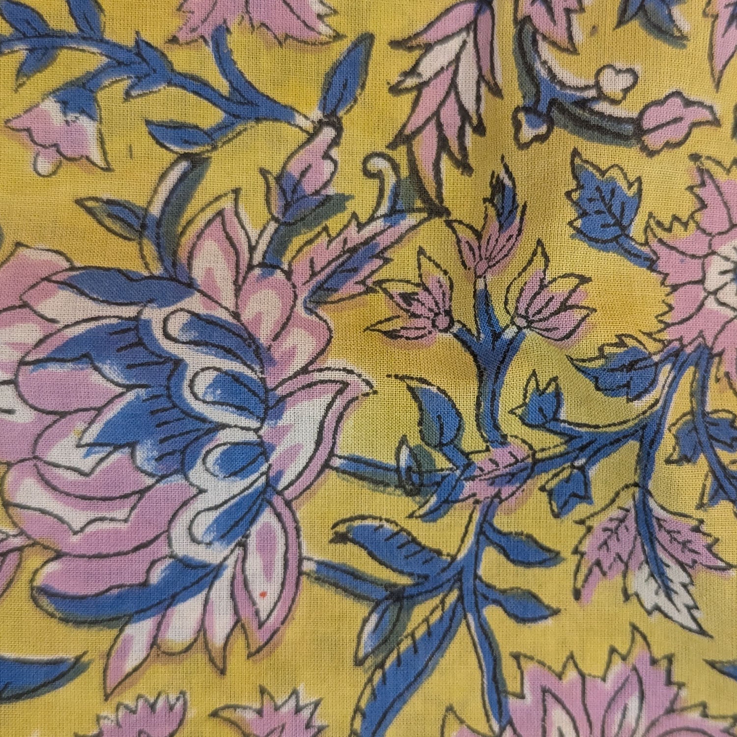 Precut Mustard Yellow Floral Hand Block Printed Cotton Fabric