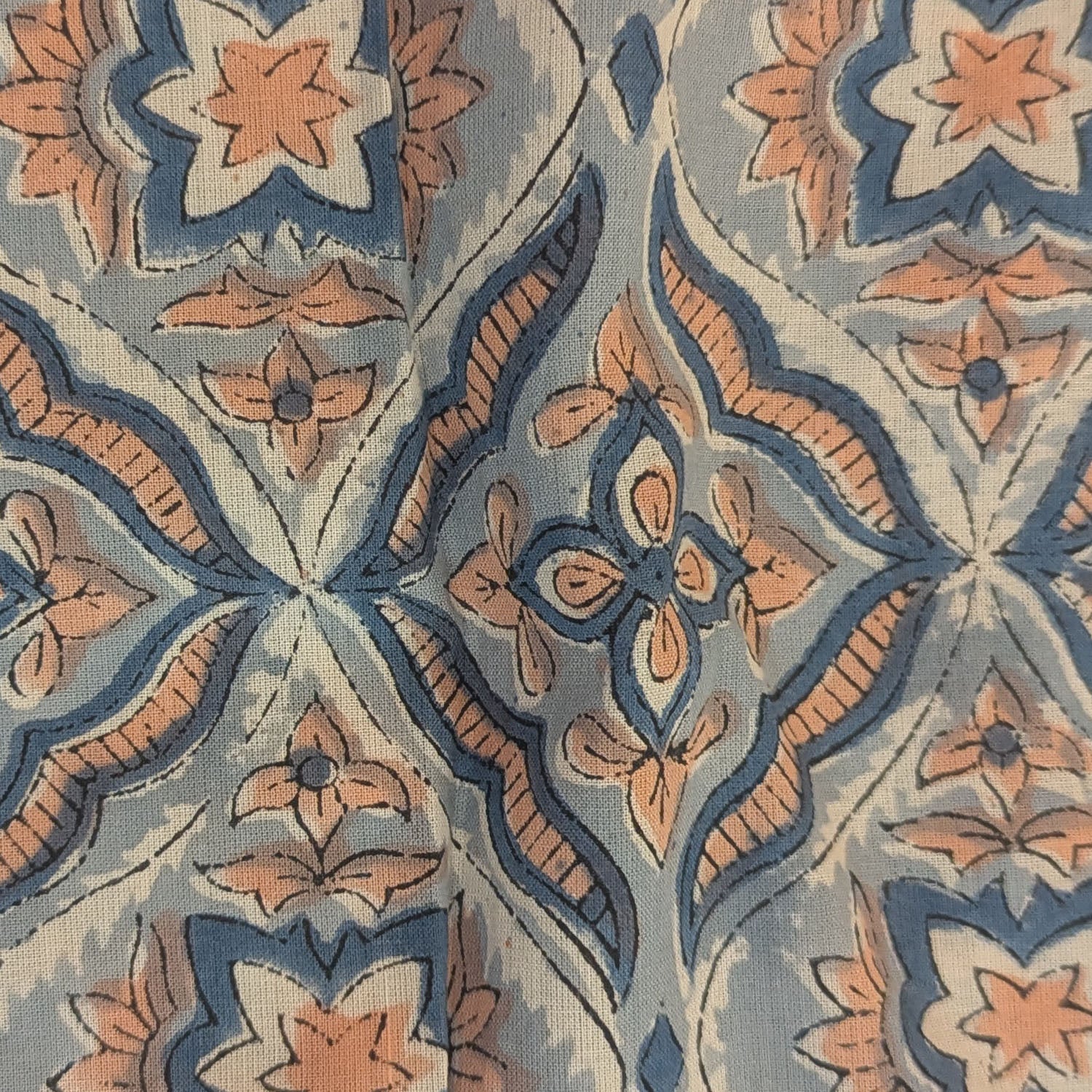 Precut Slate Blue Geometric Floral Hand Block Printed Cotton Fabric