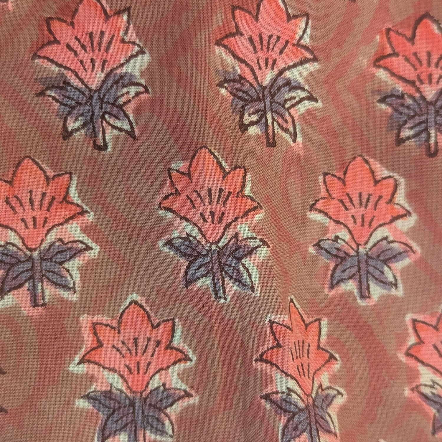 Precut Rust Floral Hand Block Printed Cotton Fabric with Coral & Grey Accents