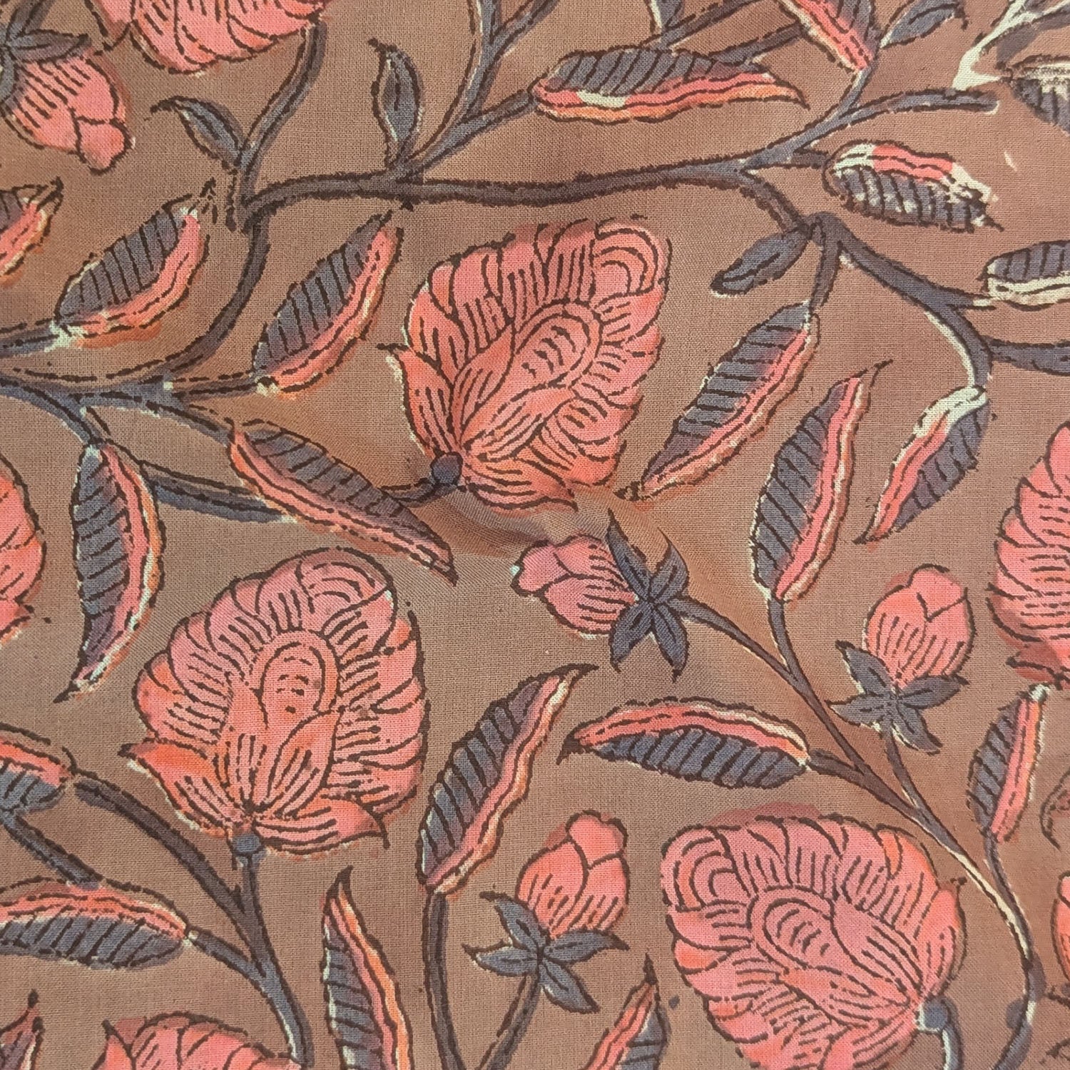 Precut Floral Vine Hand Block Printed Cotton Fabric with Coral & Charcoal Accents