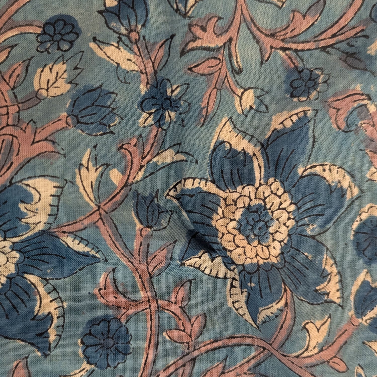 Precut Teal Blue Floral Vine Hand Block Printed Cotton Fabric