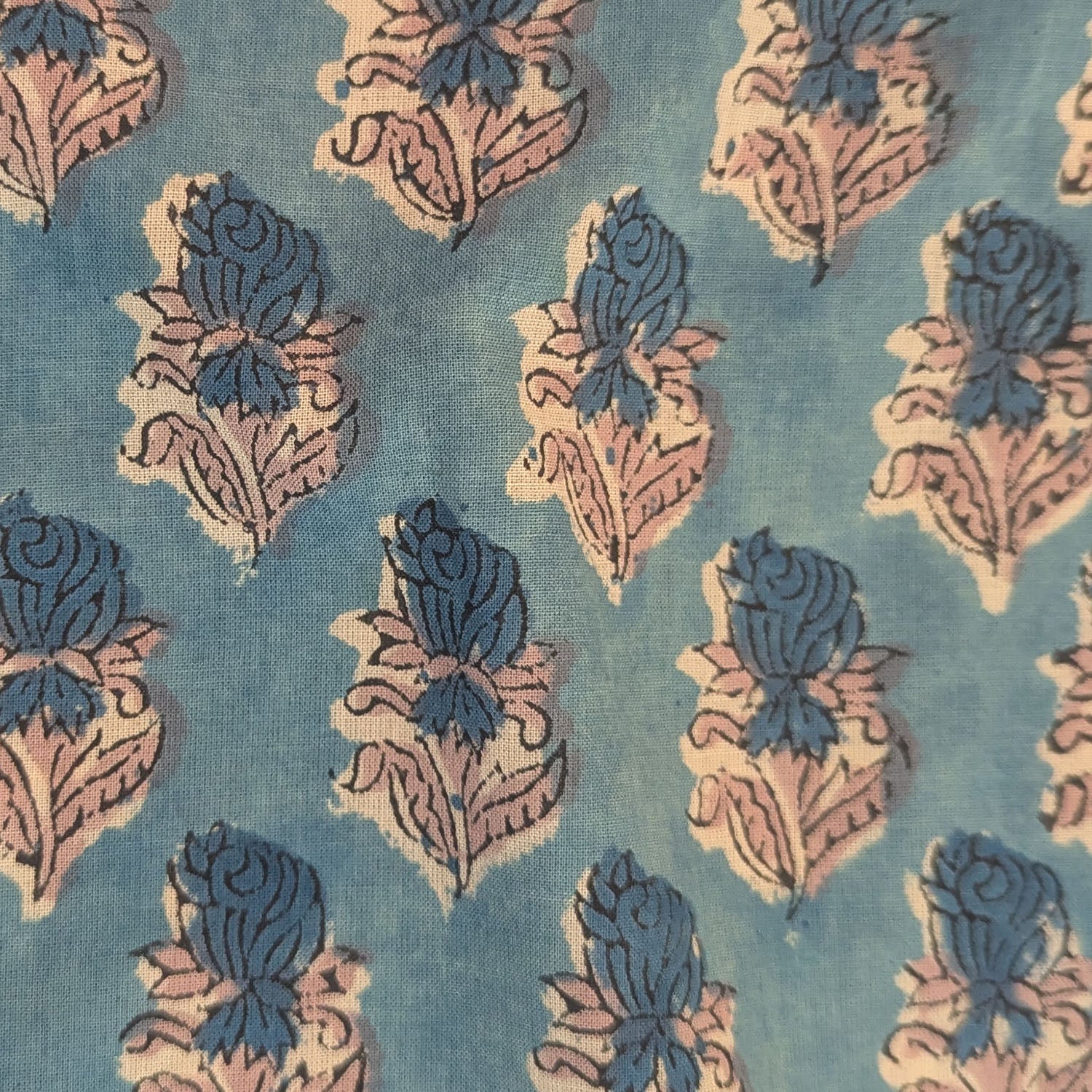Precut Sky Blue Hand Block Printed Cotton Fabric with Indigo Peach Accents