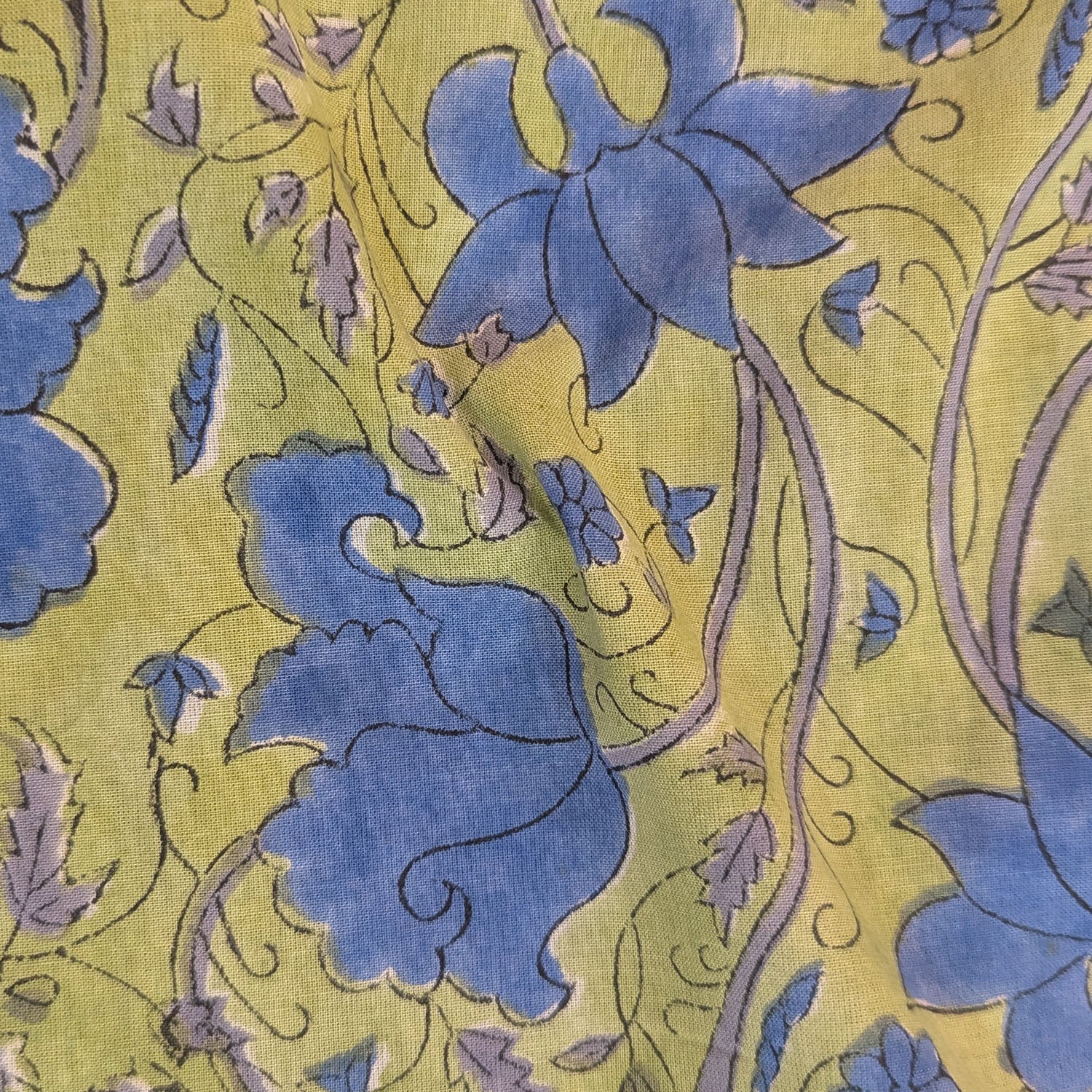 Precut Mustard Yellow Floral Vine Hand Block Printed Cotton Fabric