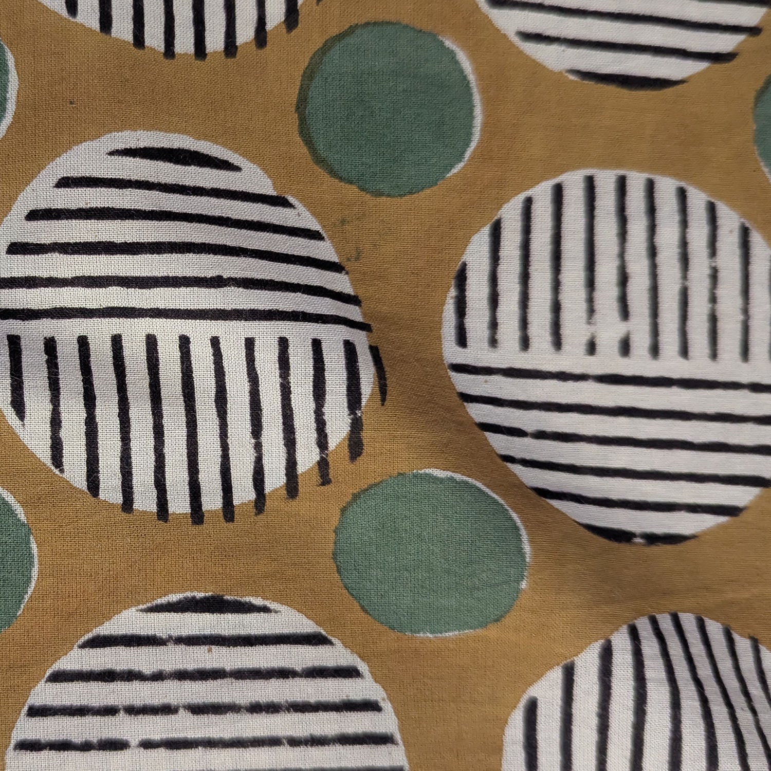 Precut Mustard Brown Geometric Circle Hand Block Printed Cotton Fabric