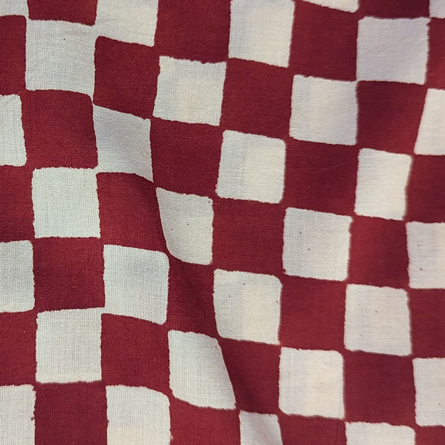 Brick Red & Off-White Checkered Hand Block Printed Cotton Fabric