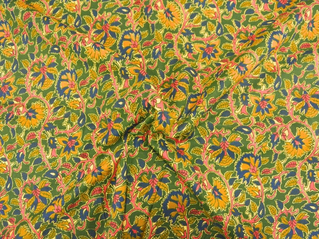 Precut Of 1.5 Meter Mehandi Green Floral 100% Pure Cotton Handblocked Kalamkari Fabric (Hot Seller)