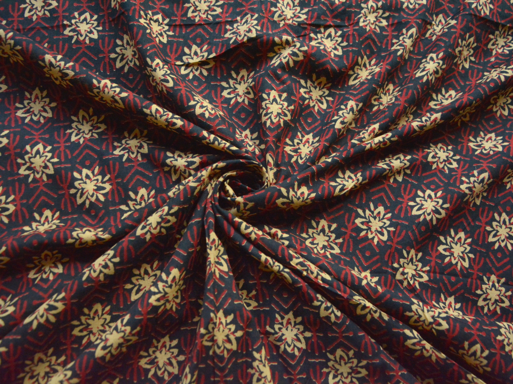 Precut Of 1.5 Meter Black, Red & Cream Floral Printed Pure Cotton Fabric