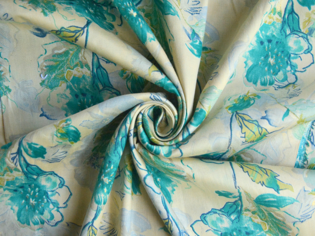 Precut Of 1.5 Meter Teal Floral Printed Pure Cotton Fabric