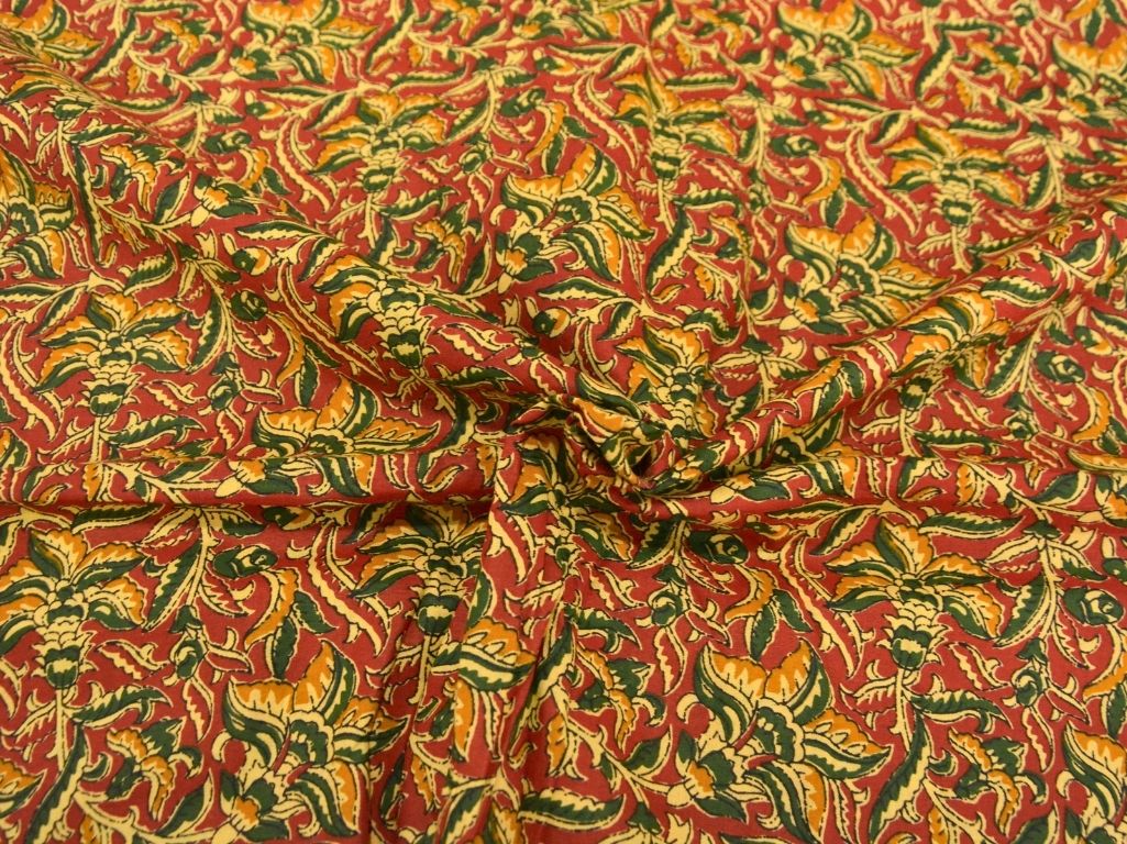 Precut Of 1.5 Meter Red Floral 100% Pure Cotton Handblocked Kalamkari Fabric (Hot Seller)
