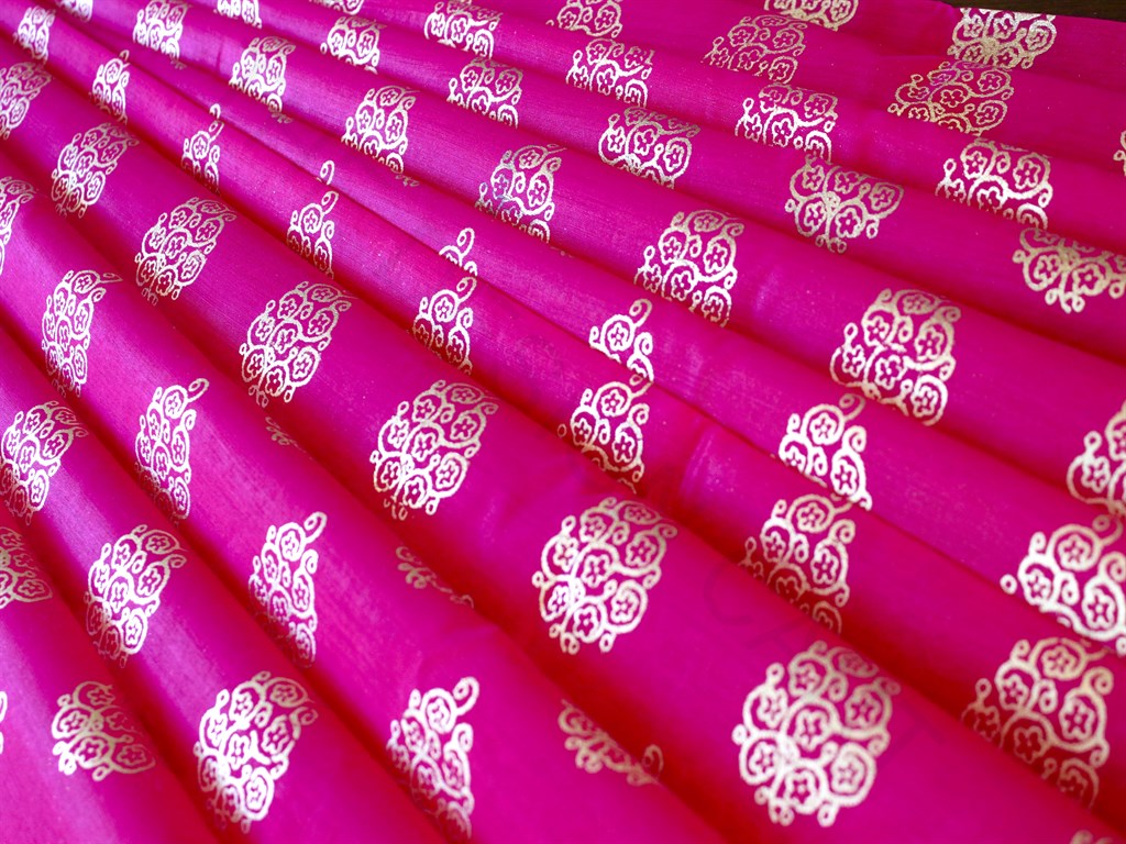 Precut of 2 Meter Pink Golden Floral Polyester Chanderi Fabric