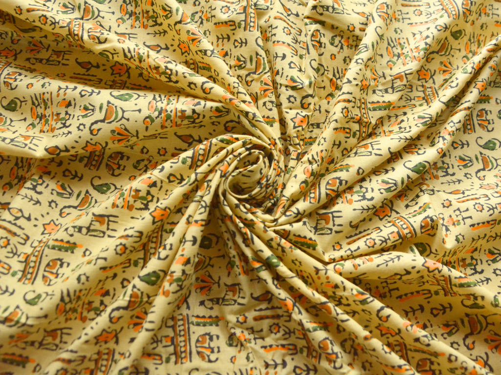 Precut Of 2 Meter Beige Traditional Warli Printed Pure Cotton Fabric