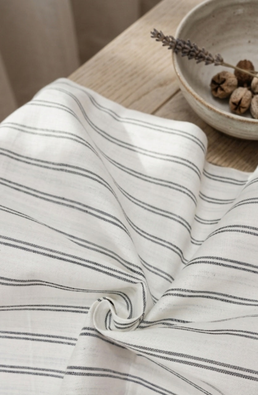White with Black Colour Striped Pure Cotton Fabric