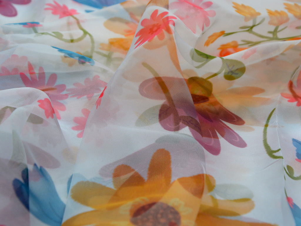 Precut Of 2 Meter White Floral Digital Printed Semi Organza Fabric