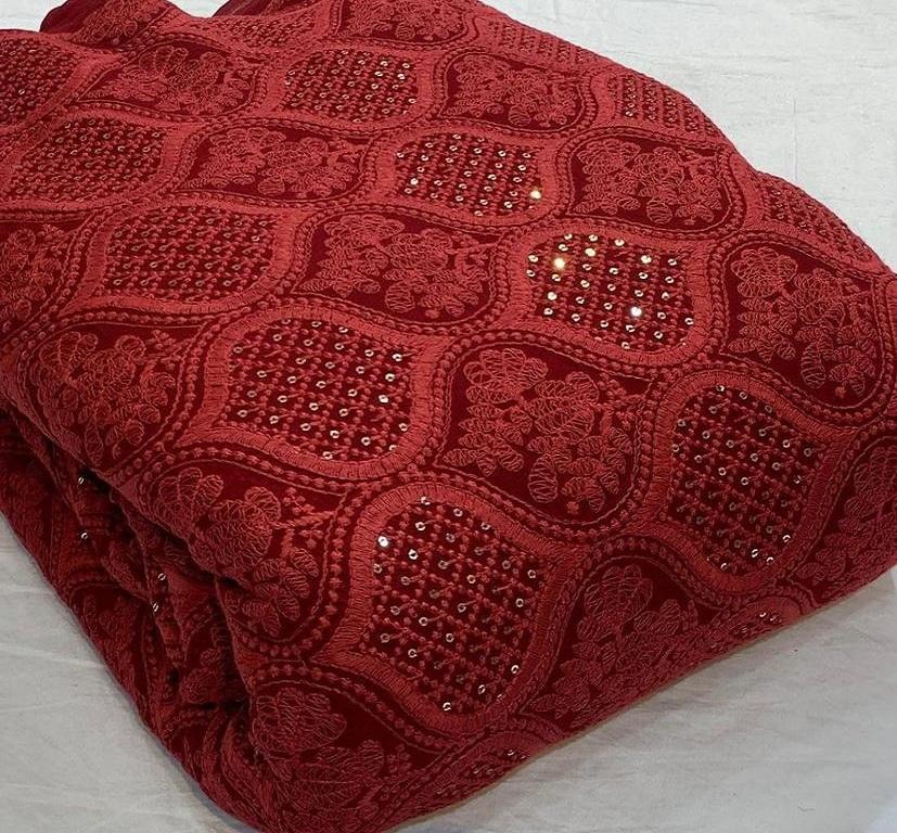 Precut Of 0.5 Meter Rosewood Red Floral Lakhnavi Embroidered Viscose Georgette Fabric