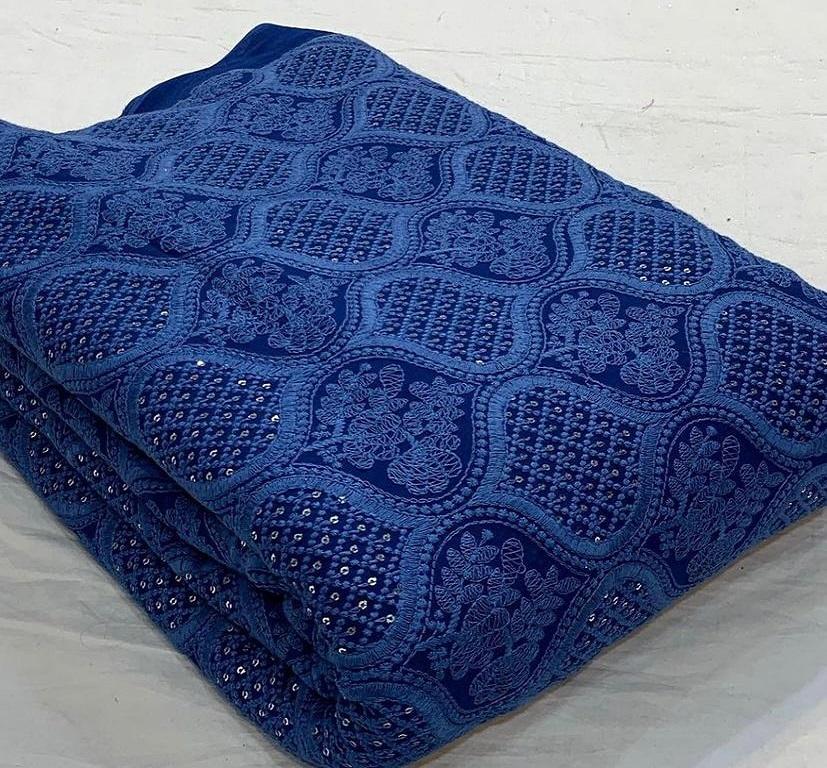 Precut Of Gulf Blue Floral Lakhnavi Embroidered Viscose Georgette Fabric
