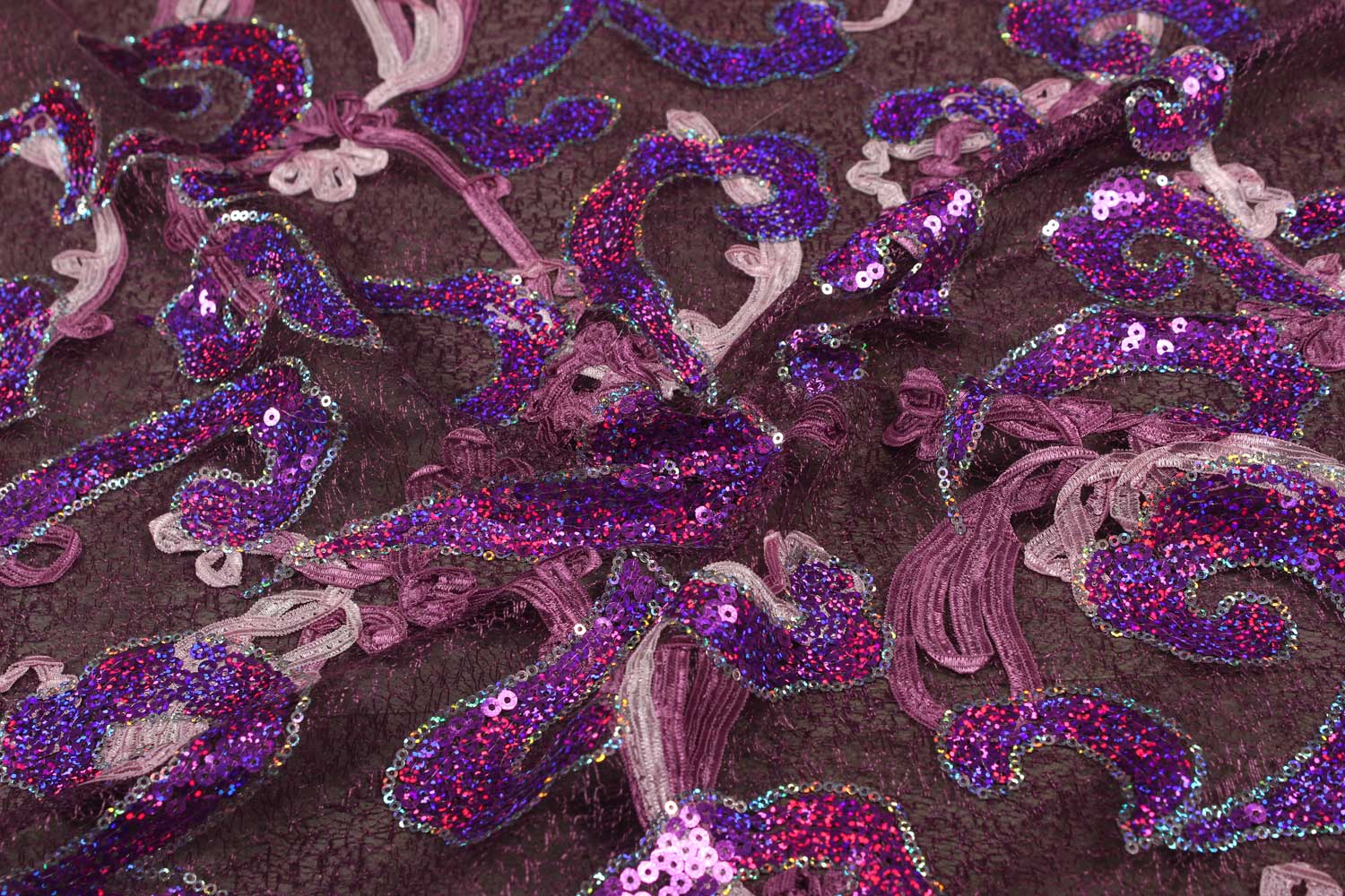 Precut Of 1 Meter Purple Embroidered Net Fabric